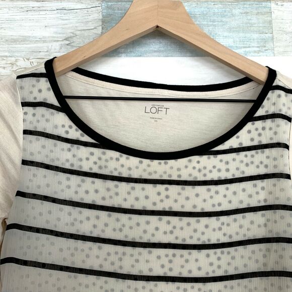 LOFT Crinkle Chiffon Striped Polka Dot Tee Beige Black 3/4 Sleeve Womens Size XS - Picture 2 of 7